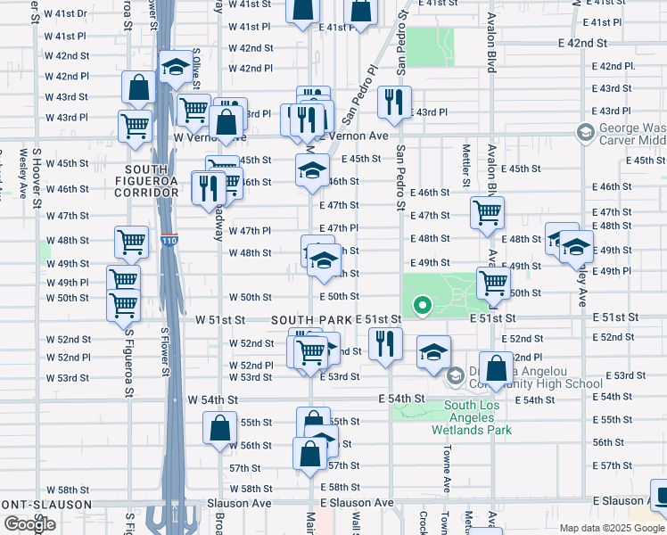 map of restaurants, bars, coffee shops, grocery stores, and more near 110 East 48th Street in Los Angeles