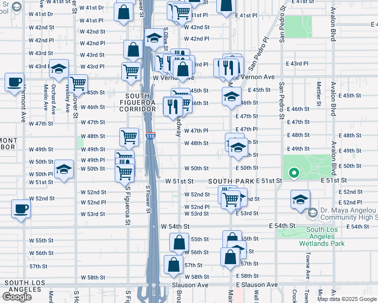 map of restaurants, bars, coffee shops, grocery stores, and more near 4800 South Broadway in Los Angeles