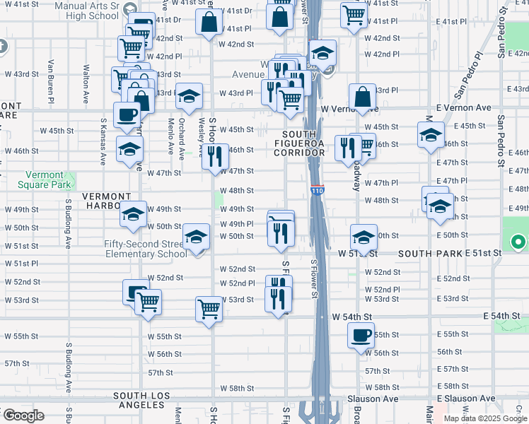 map of restaurants, bars, coffee shops, grocery stores, and more near 535 West 49th Street in Los Angeles