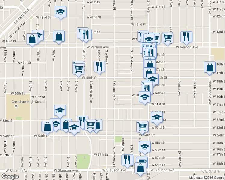 map of restaurants, bars, coffee shops, grocery stores, and more near 4831 South Gramercy Place in Los Angeles