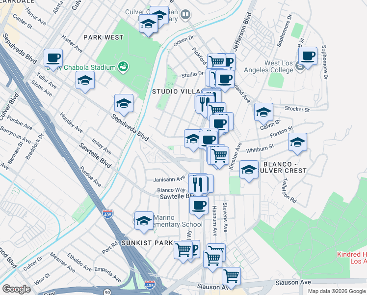map of restaurants, bars, coffee shops, grocery stores, and more near 5364 Ballona Lane in Culver City