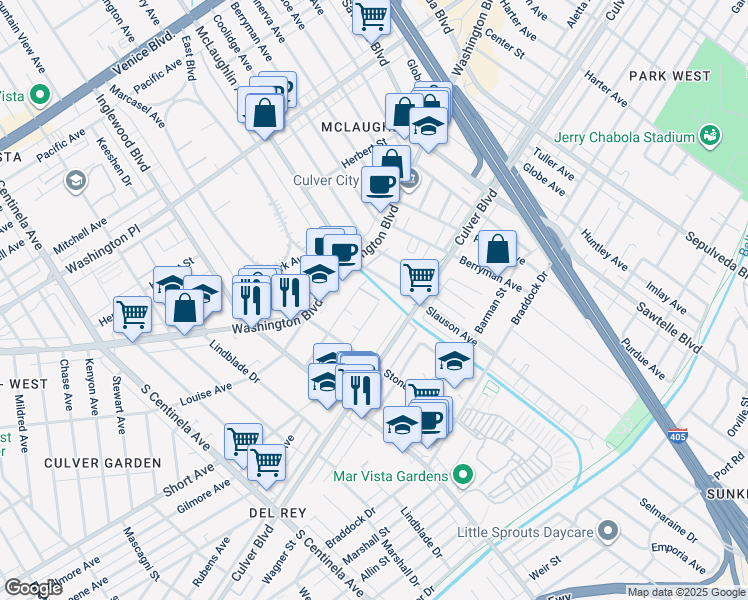 map of restaurants, bars, coffee shops, grocery stores, and more near 11737 Courtleigh Drive in Los Angeles