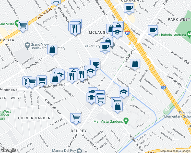 map of restaurants, bars, coffee shops, grocery stores, and more near 11737 Courtleigh Drive in Los Angeles