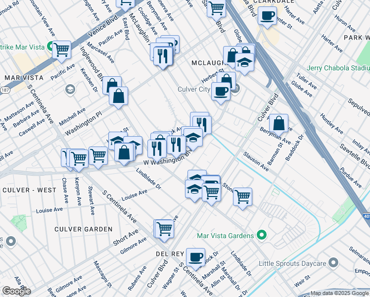 map of restaurants, bars, coffee shops, grocery stores, and more near 11791 Washington Boulevard in Los Angeles