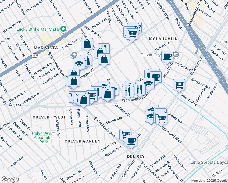 map of restaurants, bars, coffee shops, grocery stores, and more near 12002 Sylvester Street in Los Angeles