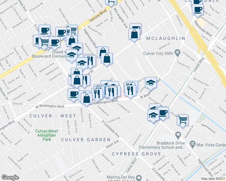 map of restaurants, bars, coffee shops, grocery stores, and more near in Los Angeles