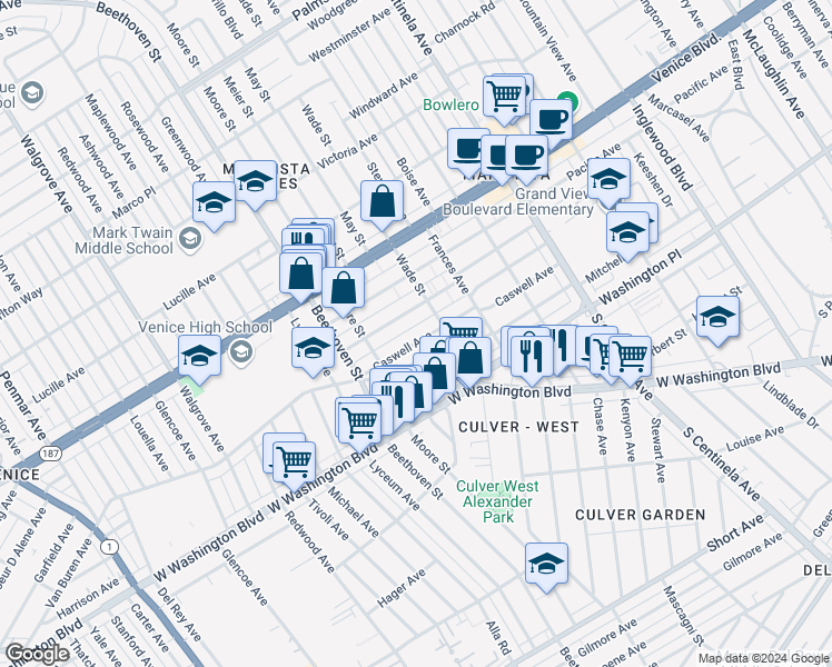 map of restaurants, bars, coffee shops, grocery stores, and more near 12720 Matteson Avenue in Los Angeles
