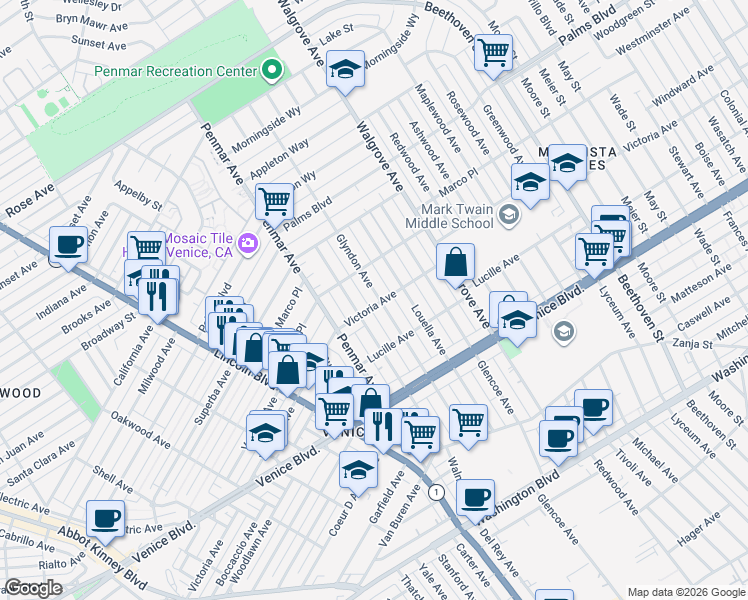 map of restaurants, bars, coffee shops, grocery stores, and more near 2119 Glyndon Avenue in Los Angeles