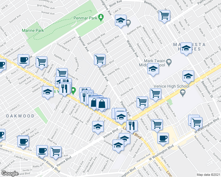 map of restaurants, bars, coffee shops, grocery stores, and more near 1121 Marco Place in Los Angeles