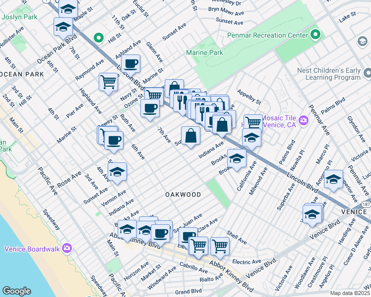 map of restaurants, bars, coffee shops, grocery stores, and more near 736 Sunset Avenue in Los Angeles