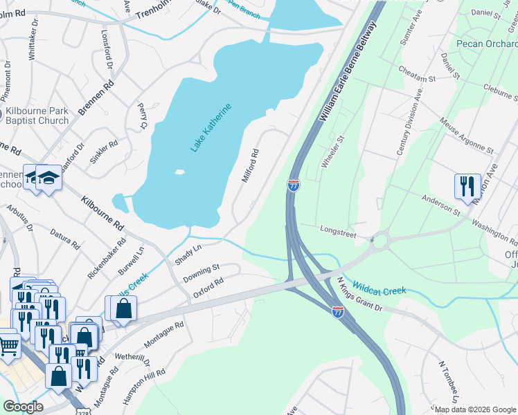 map of restaurants, bars, coffee shops, grocery stores, and more near 1418 Shady Lane in Columbia