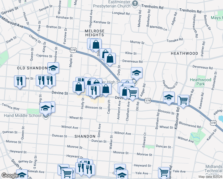 map of restaurants, bars, coffee shops, grocery stores, and more near 3123 Amherst Avenue in Columbia