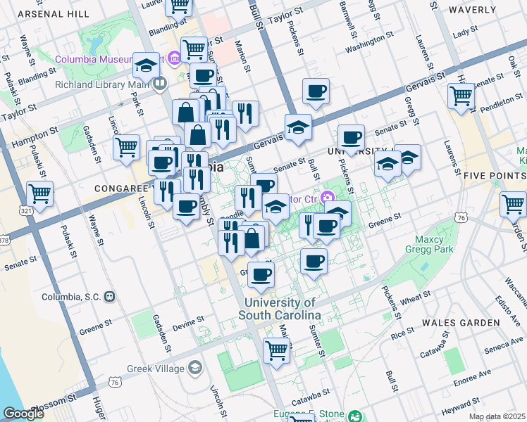 map of restaurants, bars, coffee shops, grocery stores, and more near 1015 Sumter Street in Columbia