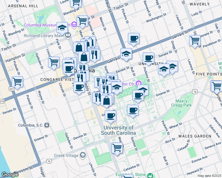 map of restaurants, bars, coffee shops, grocery stores, and more near 1015 Sumter Street in Columbia
