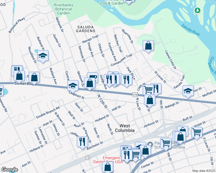map of restaurants, bars, coffee shops, grocery stores, and more near 704 Osage Avenue in West Columbia