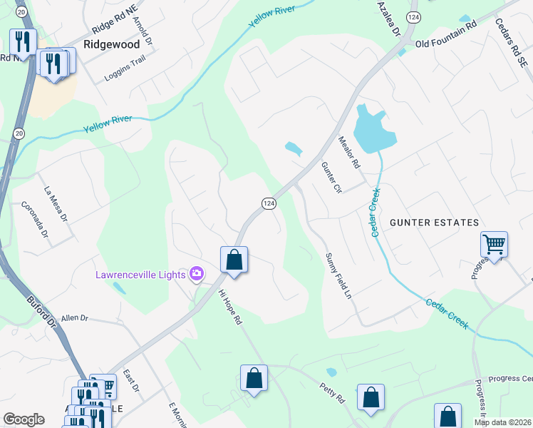 map of restaurants, bars, coffee shops, grocery stores, and more near 858 Braselton Highway in Lawrenceville