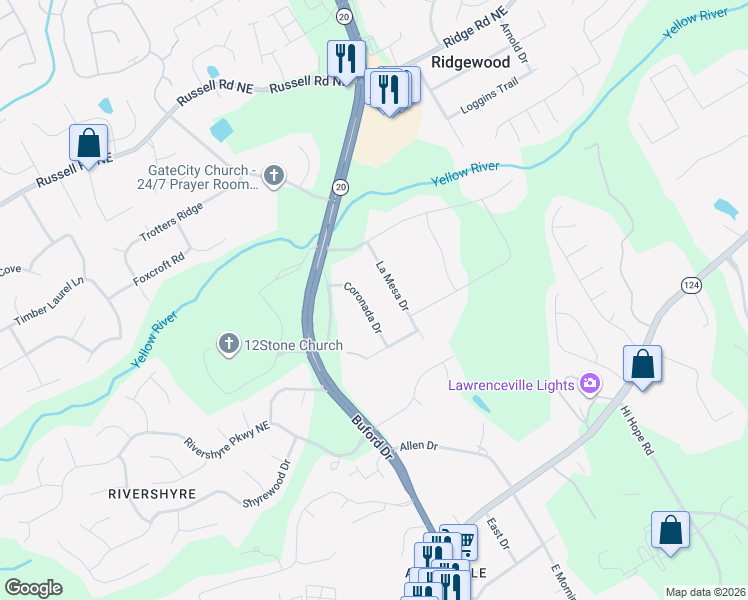 map of restaurants, bars, coffee shops, grocery stores, and more near 1275 Coronada Drive in Lawrenceville