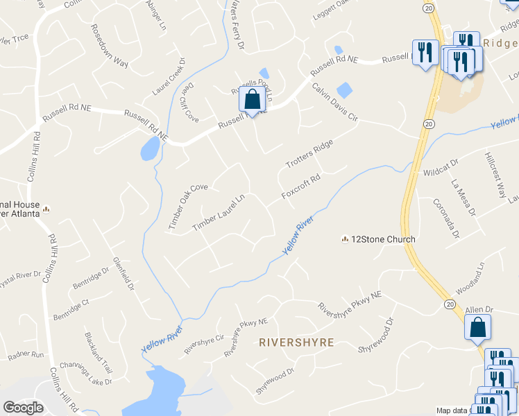 map of restaurants, bars, coffee shops, grocery stores, and more near 300 Timber Laurel Lane in Lawrenceville