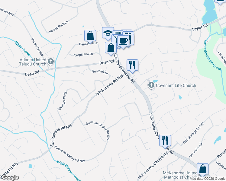 map of restaurants, bars, coffee shops, grocery stores, and more near 684 Tab Roberts Road Northwest in Lawrenceville