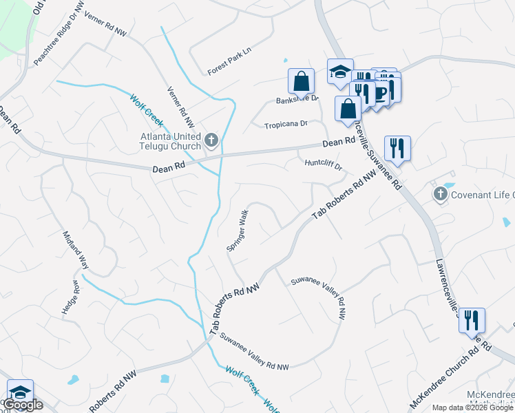 map of restaurants, bars, coffee shops, grocery stores, and more near 2075 Springer Walk in Lawrenceville