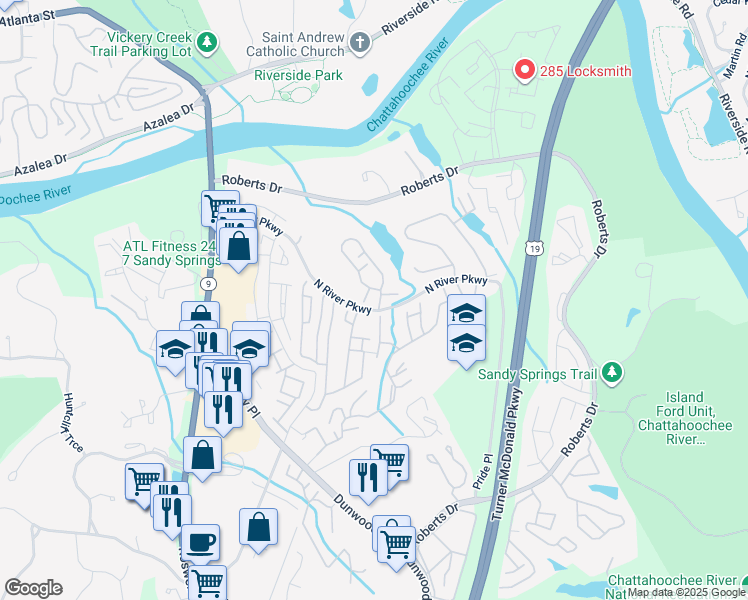 map of restaurants, bars, coffee shops, grocery stores, and more near 406 Greyfield Lane in Sandy Springs