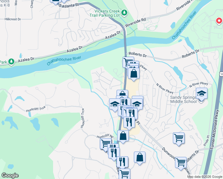 map of restaurants, bars, coffee shops, grocery stores, and more near 1207 Huntcliff Village Court in Sandy Springs