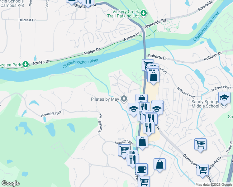 map of restaurants, bars, coffee shops, grocery stores, and more near 233 Huntcliff Village Court in Sandy Springs