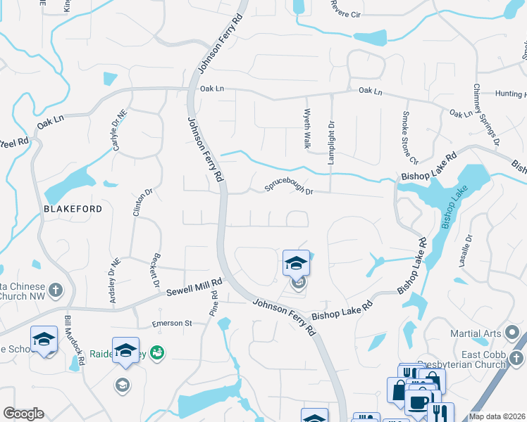 map of restaurants, bars, coffee shops, grocery stores, and more near 2013 Charrwood Way Northeast in Marietta