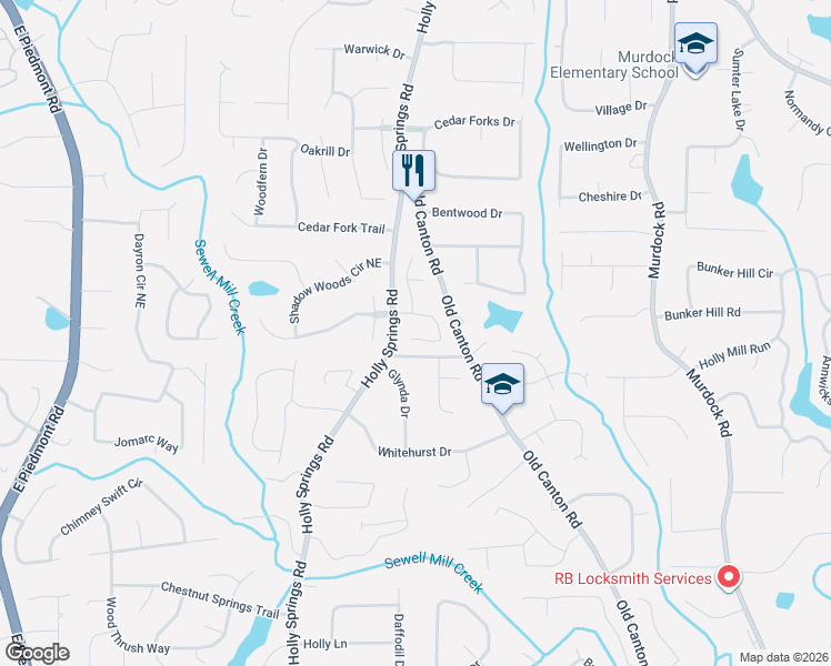 map of restaurants, bars, coffee shops, grocery stores, and more near 2428 Gablewood Drive Northeast in Marietta