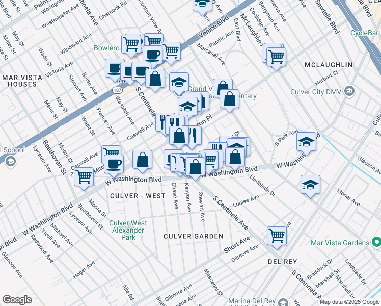 map of restaurants, bars, coffee shops, grocery stores, and more near 4042 South Centinela Avenue in Los Angeles
