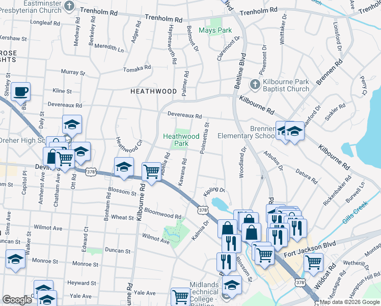 map of restaurants, bars, coffee shops, grocery stores, and more near 800 Kawana Road in Columbia