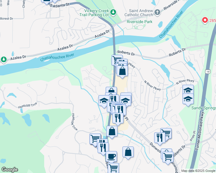 map of restaurants, bars, coffee shops, grocery stores, and more near 1432 Huntcliff Village Court in Sandy Springs