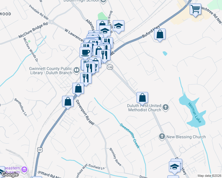 map of restaurants, bars, coffee shops, grocery stores, and more near 3248 Hall Circle Northwest in Duluth