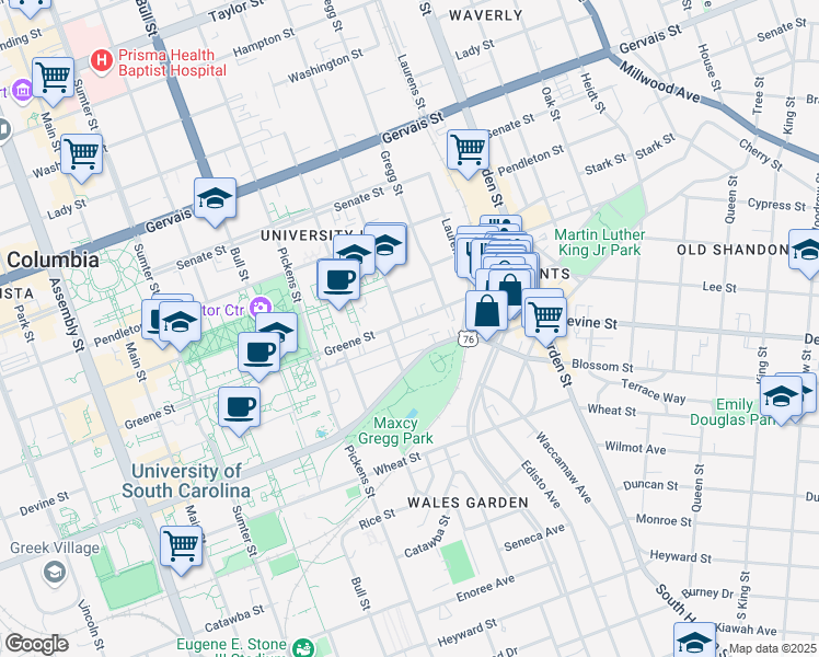 map of restaurants, bars, coffee shops, grocery stores, and more near 1804 Greene Street in Columbia