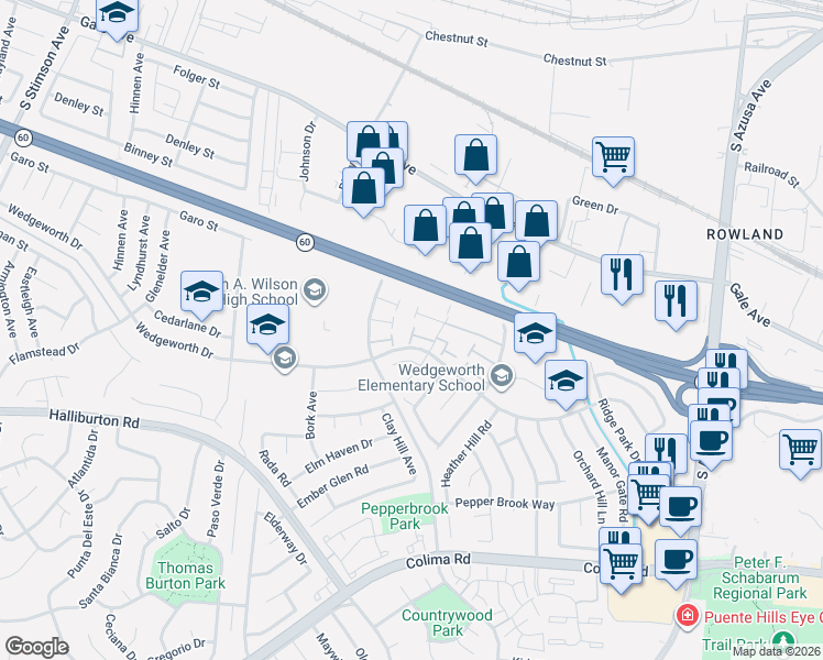 map of restaurants, bars, coffee shops, grocery stores, and more near 1481 Forest Glen Drive in Hacienda Heights