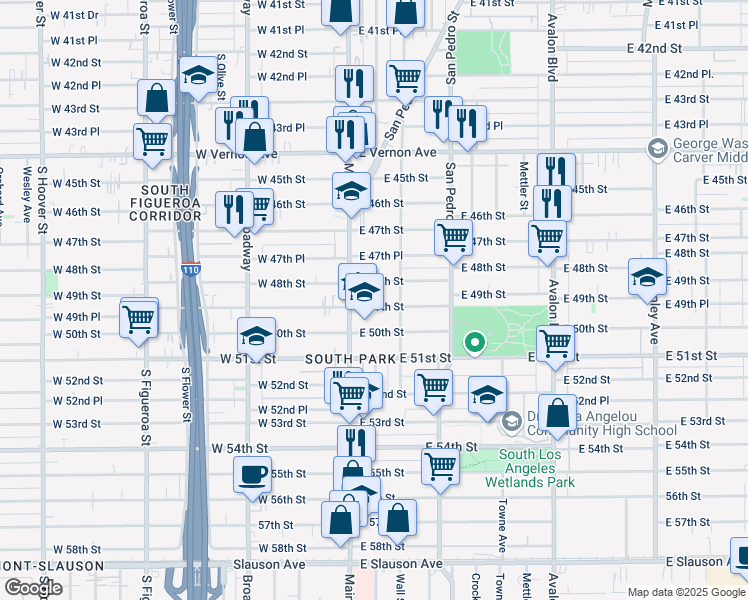 map of restaurants, bars, coffee shops, grocery stores, and more near 110 East 48th Street in Los Angeles