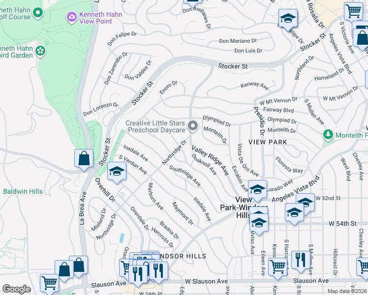 map of restaurants, bars, coffee shops, grocery stores, and more near 4225 Northridge Drive in View Park-Windsor Hills