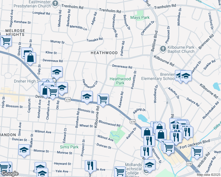 map of restaurants, bars, coffee shops, grocery stores, and more near 811 Abelia Road in Columbia