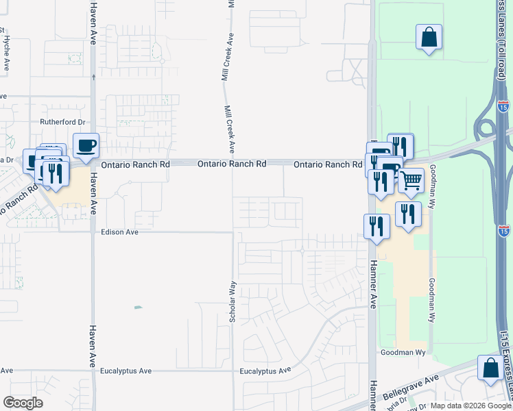 map of restaurants, bars, coffee shops, grocery stores, and more near 4217 South Heather Privado in Ontario