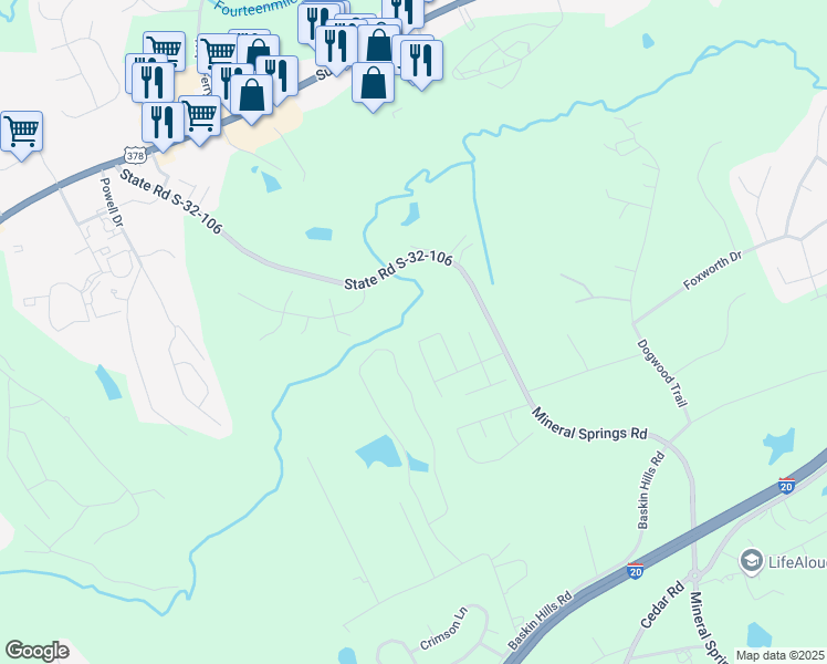 map of restaurants, bars, coffee shops, grocery stores, and more near 144 Shoal Creek Circle in Lexington