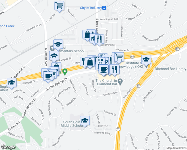 map of restaurants, bars, coffee shops, grocery stores, and more near 1034 Romney Drive in Walnut