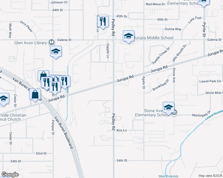 map of restaurants, bars, coffee shops, grocery stores, and more near 4931 Pedley Road in Riverside