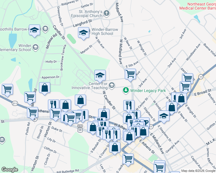 map of restaurants, bars, coffee shops, grocery stores, and more near 226 James Street in Winder
