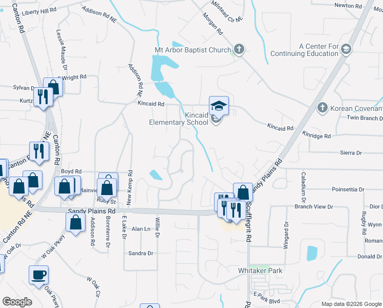 map of restaurants, bars, coffee shops, grocery stores, and more near 1263 Nottoway Trail in Marietta