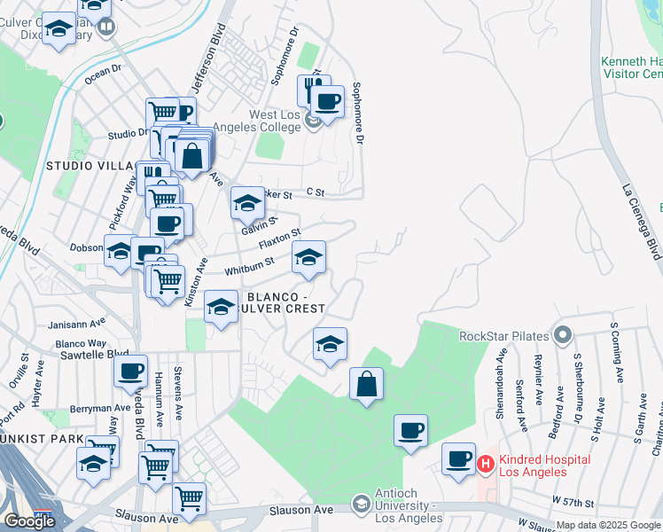 map of restaurants, bars, coffee shops, grocery stores, and more near 10661 Ranch Road in Culver City