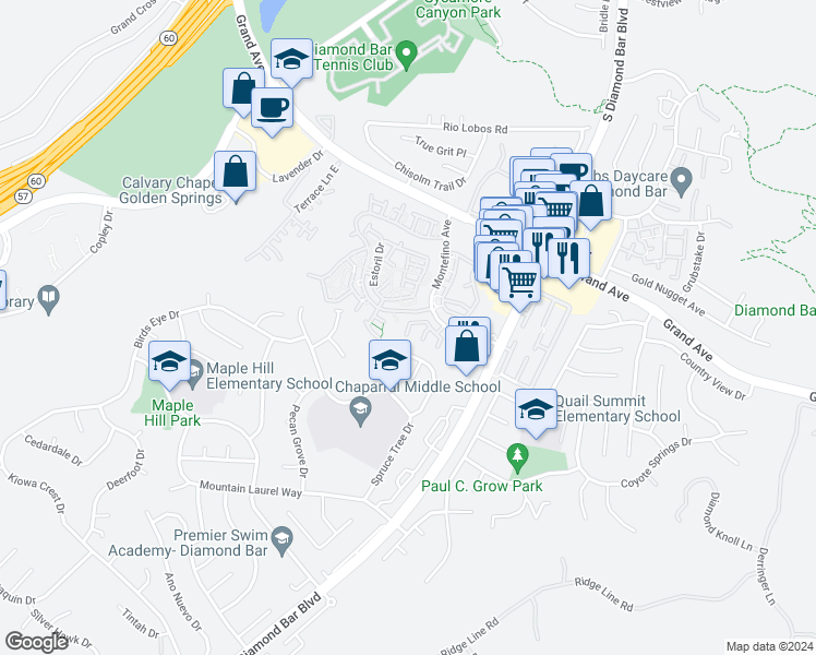 map of restaurants, bars, coffee shops, grocery stores, and more near 22905 Colombard Lane in Diamond Bar