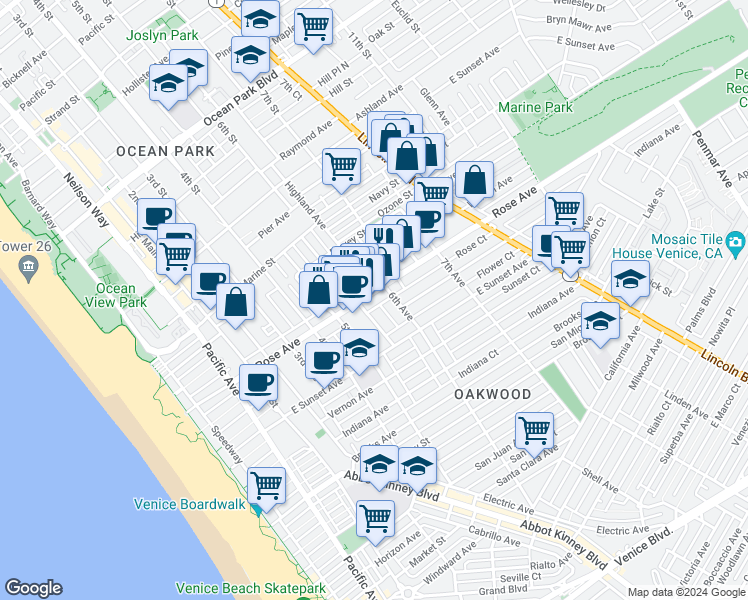 map of restaurants, bars, coffee shops, grocery stores, and more near 535 Rose Avenue in Los Angeles