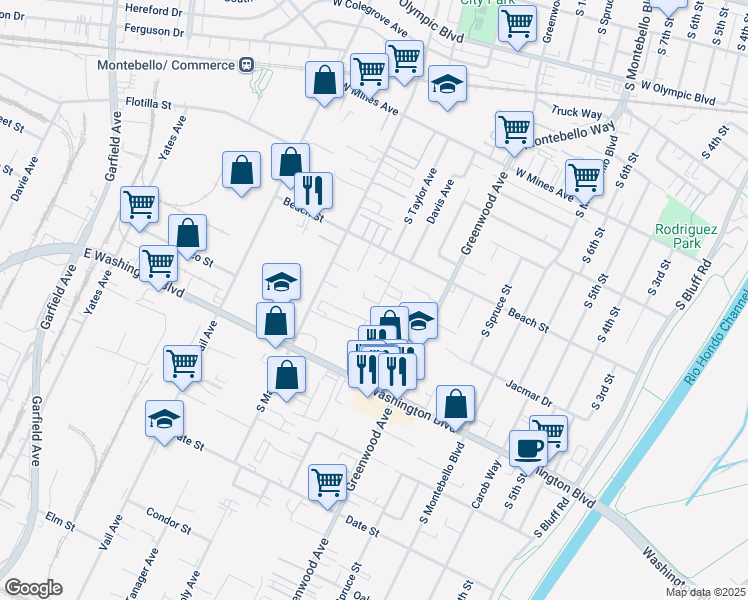 map of restaurants, bars, coffee shops, grocery stores, and more near 845 South Taylor Avenue in Montebello