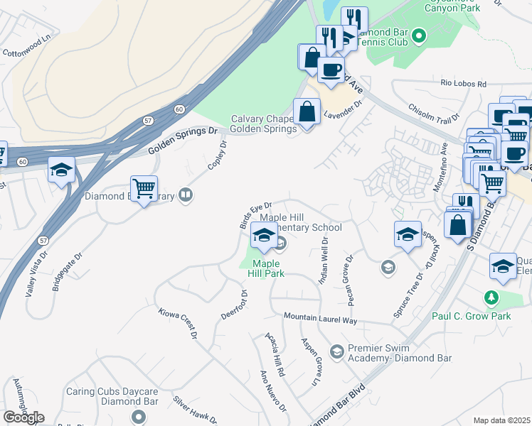 map of restaurants, bars, coffee shops, grocery stores, and more near 1309 Eaglefen Drive in Diamond Bar