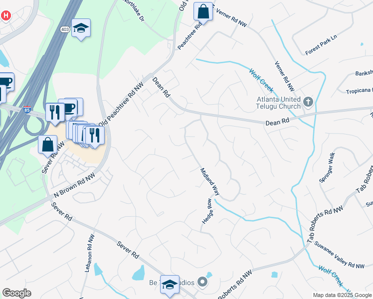 map of restaurants, bars, coffee shops, grocery stores, and more near 1420 Midland Way in Lawrenceville